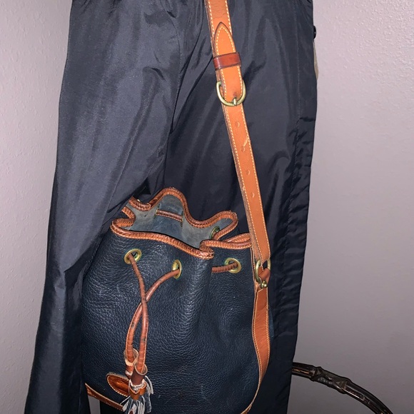 Dooney & Bourke Dark Blue and Brown Leather Draw String Bag - Picture 2 of 13
